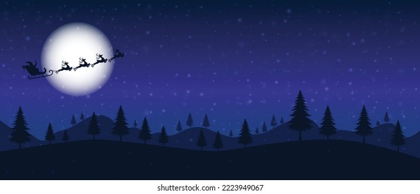 Santa is flying through the night sky under the Christmas forest. Santa sleigh driving over the moon in the night. Eps 10. Christmas Background or Banner.