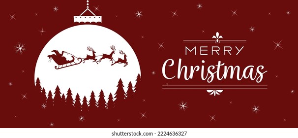 Santa is flying through the night sky under the Christmas forest. Santa sleigh driving over the big christmas ball in the night. Eps 10. Christmas Background or Banner.