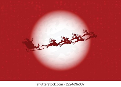 Santa is flying through the night sky under the Christmas forest. Santa sleigh driving over the Moon in the night. Eps 10. Christmas Background.