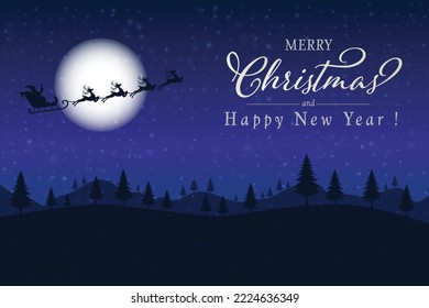 Santa is flying through the night sky under the Christmas forest. Santa sleigh driving over the moon in the night. Eps 10. Christmas Background or Banner.