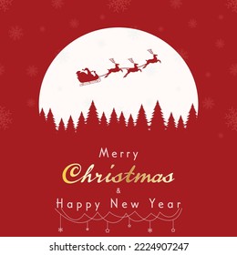 Santa is flying through the night sky under the Christmas forest. Santa sleigh driving over the Moon in the night. Eps 10. Christmas Background or Banner.