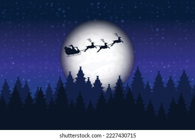 Santa está volando por el cielo nocturno bajo el pueblo. Santa trineo conduciendo sobre la luna por la noche. Eps 10. Fondo de Navidad.