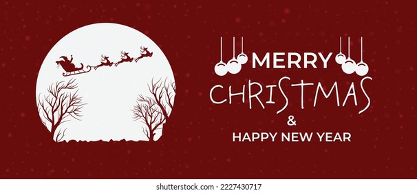 Santa is flying through the night sky under the village. Santa sleigh driving over the Moon in the night. Eps 10. Christmas Background.