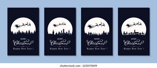 Santa is flying through the night sky. Santa sleigh driving over the Moon in the night. Christmas Background, cards, or posters collection.