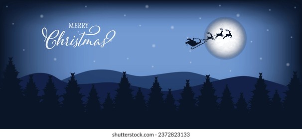 Santa is flying through the night sky under the Christmas forest. Santa sleigh driving over the moon in the night. Eps 10. Christmas Background or Banner.