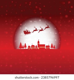 Santa is flying through the night sky under the Christmas forest. Santa sleigh driving over the Moon in the night. Eps 10. Christmas Background.