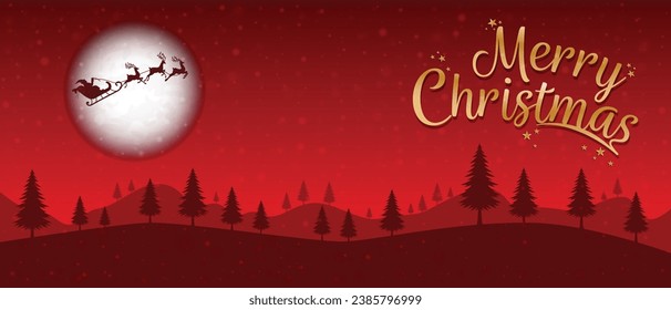 Santa is flying through the night sky under the Christmas forest. Santa sleigh driving over the Moon in the night. Eps 10. Christmas Background.