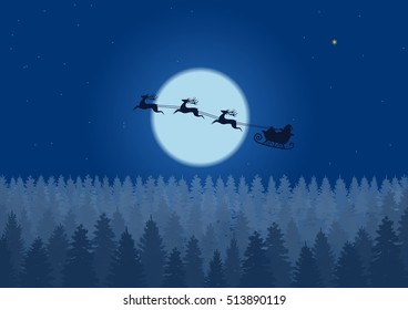 Santa flying through the night sky under the christmas forest. Santa sleigh driving over woods near big moon in night