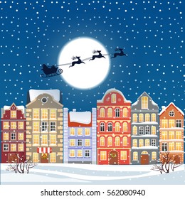 Santa flying through the night sky under the christmas old town illustration. Cartoon buildings background. City street at Winter. New Year greetings card