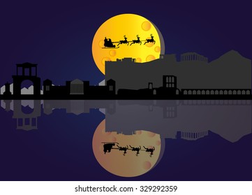 santa flying through the sky of Athens