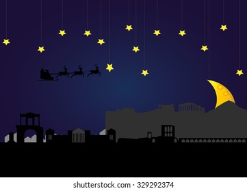 santa flying through the sky of Athens