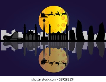 santa flying through the sky of Baku