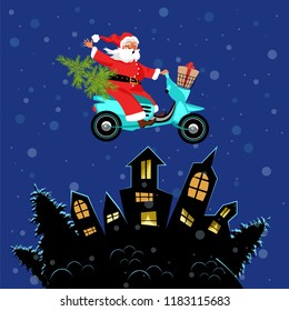 Santa is flying through the sky on a retro scooter over the night city