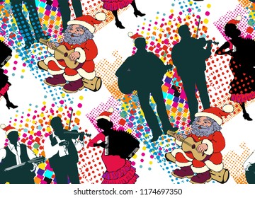 Santa and folk muzikians. Seamless pattern. Vectos illustration