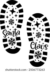 Santa footprint. Santa Claus footprint stencil designs. Christmas vector illustration