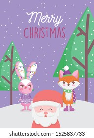 santa fox and rabbit lights trees snow merry christmas card vector illustration