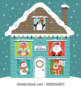 Santa and friends in the christmas house for christmas card, gift bag or box design