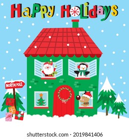 Santa and friends at home for christmas card, gift bag or box design