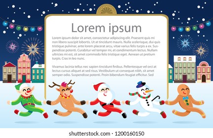 Santa and friends walking on a street with snowing background. Texts are dummy text.