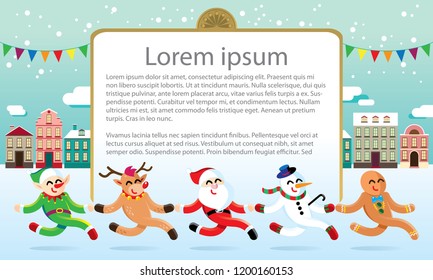 Santa and friends walking on a street with snowing background. Texts are dummy text.