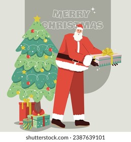 santa in front of the Christmas tree giving gifts