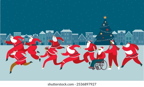 Santa fun race marathon on city street. Group of People characters participants running wearing Santa Claus outfits. Flat vector illustration