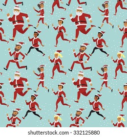 Santa fun run participants seamless vector pattern