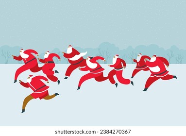 Santa fun run. Traditional charity race wearing Santa Claus costumes. Flat vector illustration