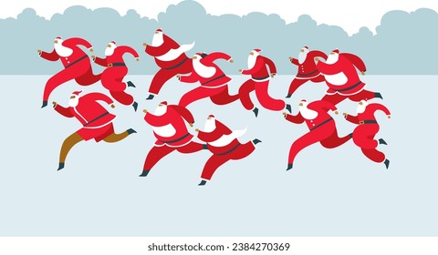 Huida divertida de Santa. Carrera de caridad tradicional con disfraces de Santa Claus. Ilustración vectorial plana