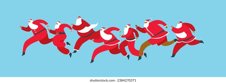 Santa fun run. Traditional charity race wearing Santa Claus costumes. Flat vector illustration