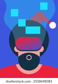 Santa gamer playing video games in VR, wearing headset, holding controller. Flat vector illustration.