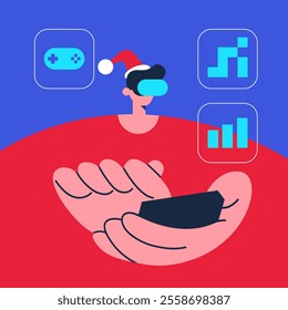 Santa gamer playing video games, wearing headset, holding controller in metaverse. Flat vector illustration.