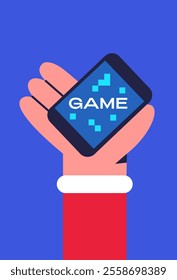 Santa gamer playing video games on phone. Flat vector illustration.