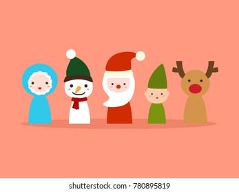 santa and the gang. Eskimo, Snowman, Santa Claus, Little Elf, and Reindeer. character design and christmas concept. vector illustration.