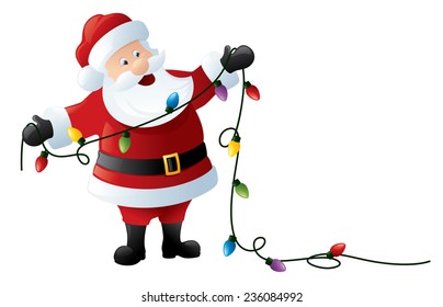 Santa getting ready to string up some fairy lights.