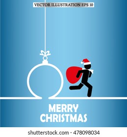 Santa with gift bag. Ball and Christmas greetings. Vector illustration eps10.