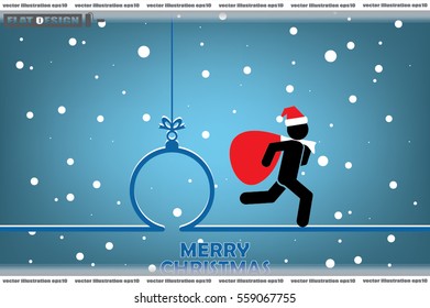 Santa with gift bag. Ball and Christmas greetings. Vector illustration.