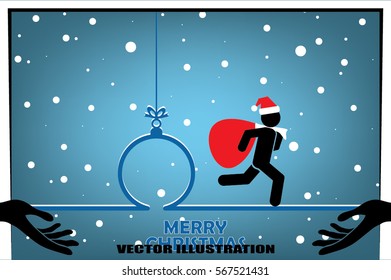 Santa with gift bag. Ball and Christmas greetings. Vector illustration eps10.
