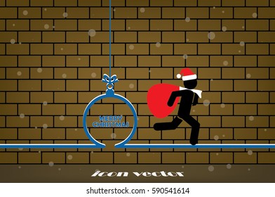 Santa with gift bag. Ball and Christmas greetings. Vector illustration.