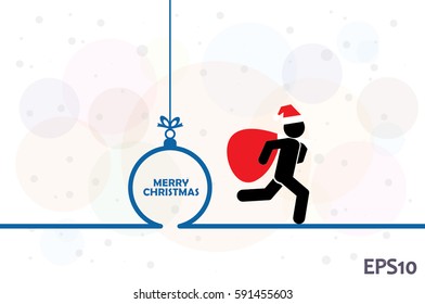 Santa with gift bag. Ball and Christmas greetings. Vector illustration eps10.