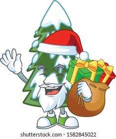 Santa with gift bag christmas tree snow Cartoon character design