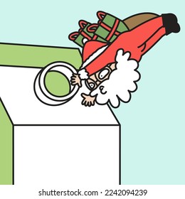 Santa With Gift Bag Is Going Down A Carton Of Milk That Look Like Chimney. Christmas Festive Seasons Concept Card Character illustration