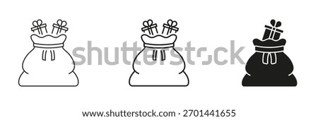 Santa Gift Bag With Presents In Line, Outline, And Glyph Icon Set. Holiday Celebration And Festive Season Symbol Collection. Christmas And Gift-Giving. Isolated Vector Illustration.