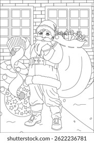 Santa With Gift Box And List Christmas Coloring Page Vector