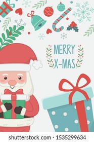 santa with gift boxes candy canes bells leaves merry christmas card vector illustration
