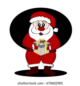 Santa with gift in cartoon style. Vector illustration