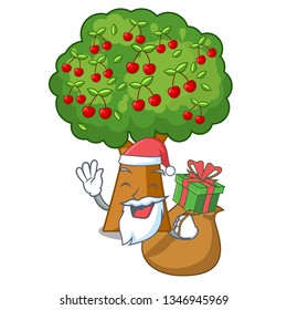 Santa with gift cherry tree next to cartoon house