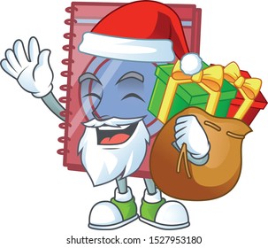 Santa with gift closed book isolated on white background.