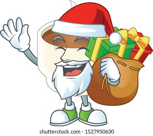 Santa with gift cup coffee cartoon on white background.