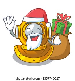 Santa with gift diving helmet on a cartoon table